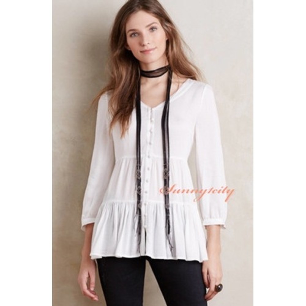 Maeve Anthropologie White Tiered Ruffle Button Down Tunic Blouse Top Size Medium